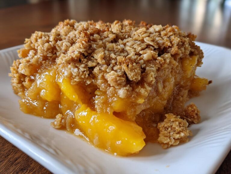 Close-up of a serving of amazing peach crisp with gooey fruit filling and crunchy oat topping.
