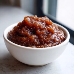 A close-up of thick, dark brown homemade pear butter mounded high in a small white ceramic bowl.
