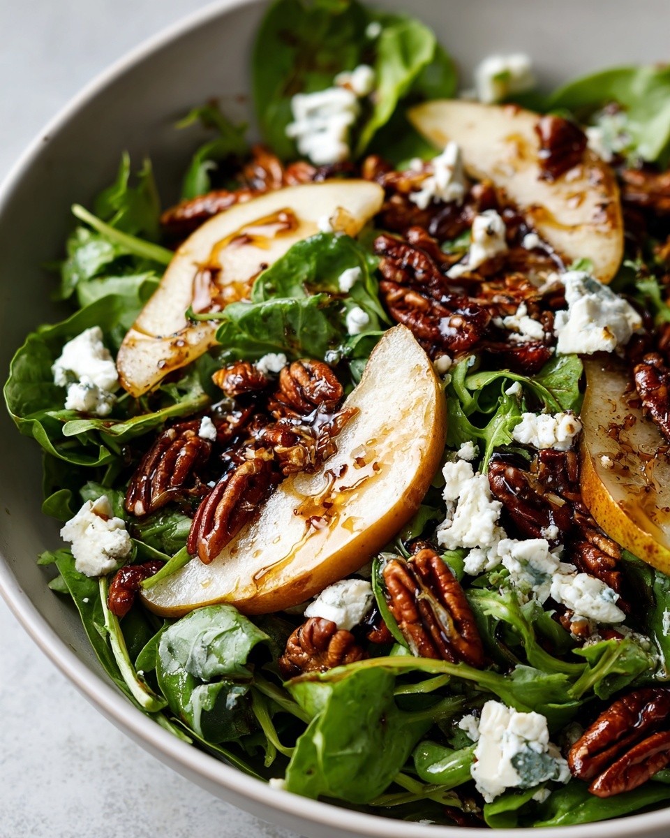 Close-up of an amazing pear salad featuring slices of fresh pear, candied pecans, blue cheese crumbles, and greens.