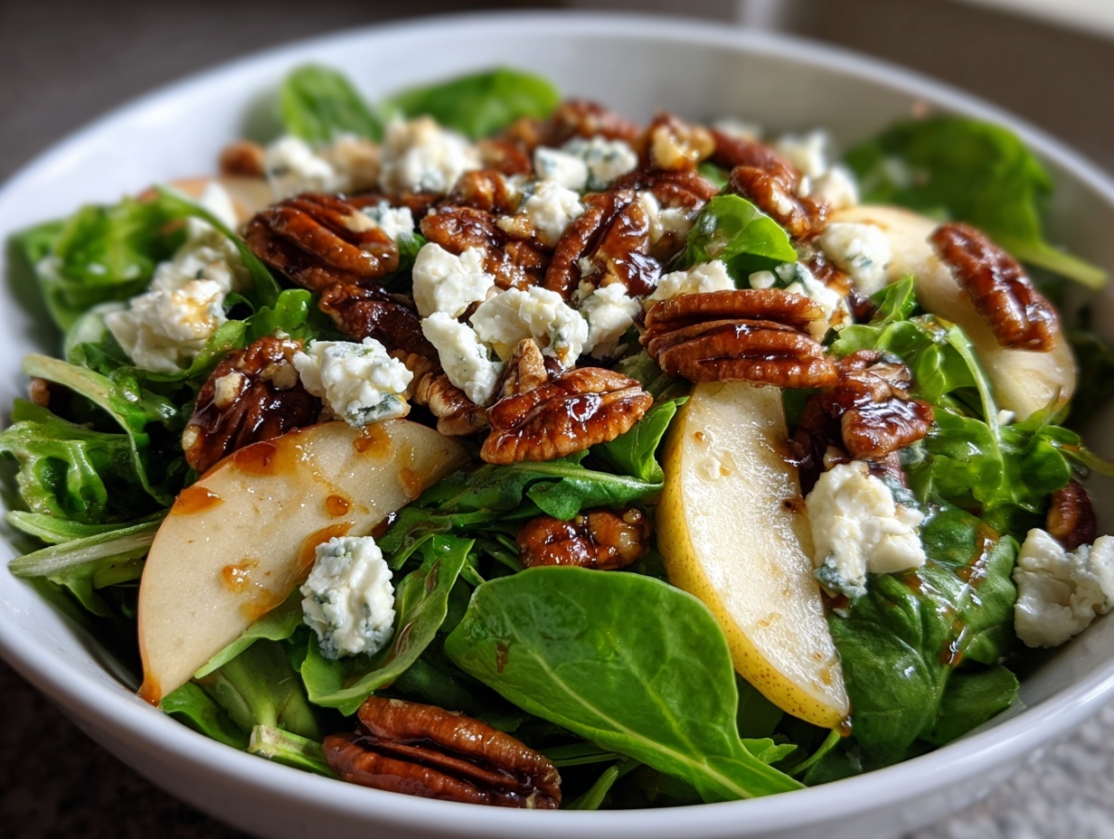 Close-up of an amazing pear salad featuring sliced fresh pears, candied pecans, blue cheese crumbles, and greens.