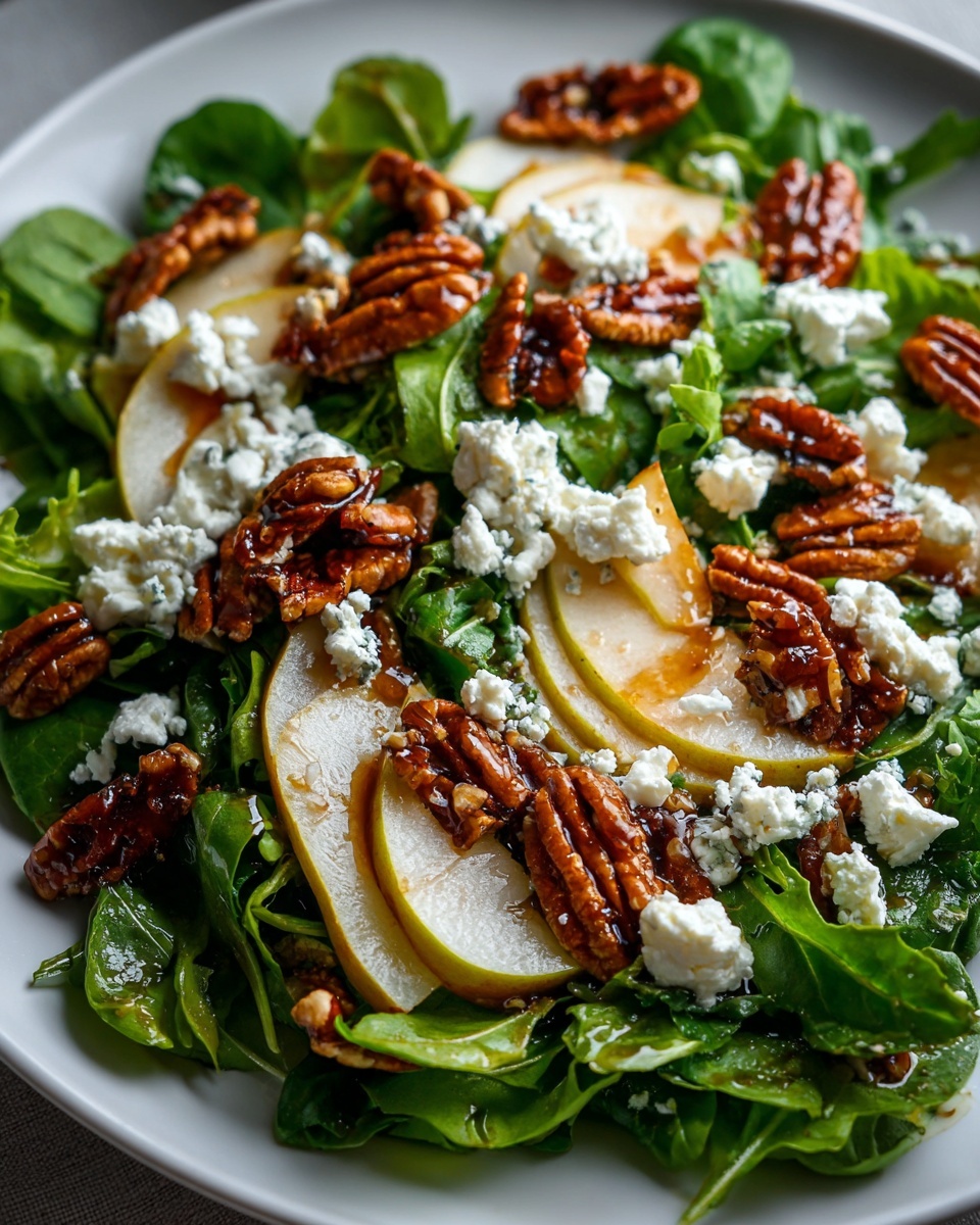 A vibrant close-up of an amazing pear salad featuring sliced pears, candied pecans, and crumbled blue cheese over mixed greens.