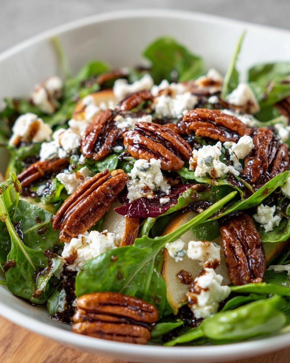 Close-up of a vibrant pear salad featuring greens, candied pecans, blue cheese crumbles, and a balsamic glaze.