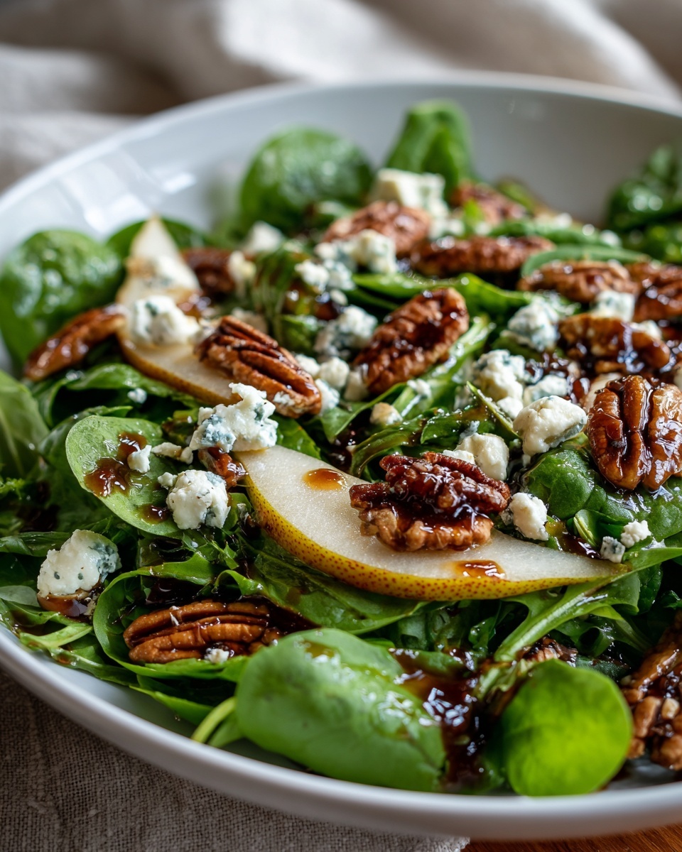 Close-up of a vibrant pear salad featuring spinach, sliced pears, candied pecans, blue cheese crumbles, and balsamic glaze.