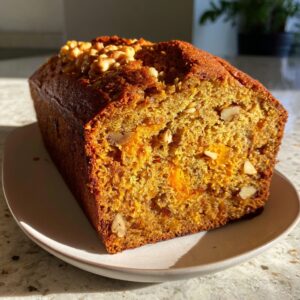 A close-up of a freshly baked loaf of vibrant orange persimmon bread topped with walnuts, sitting on a small plate.