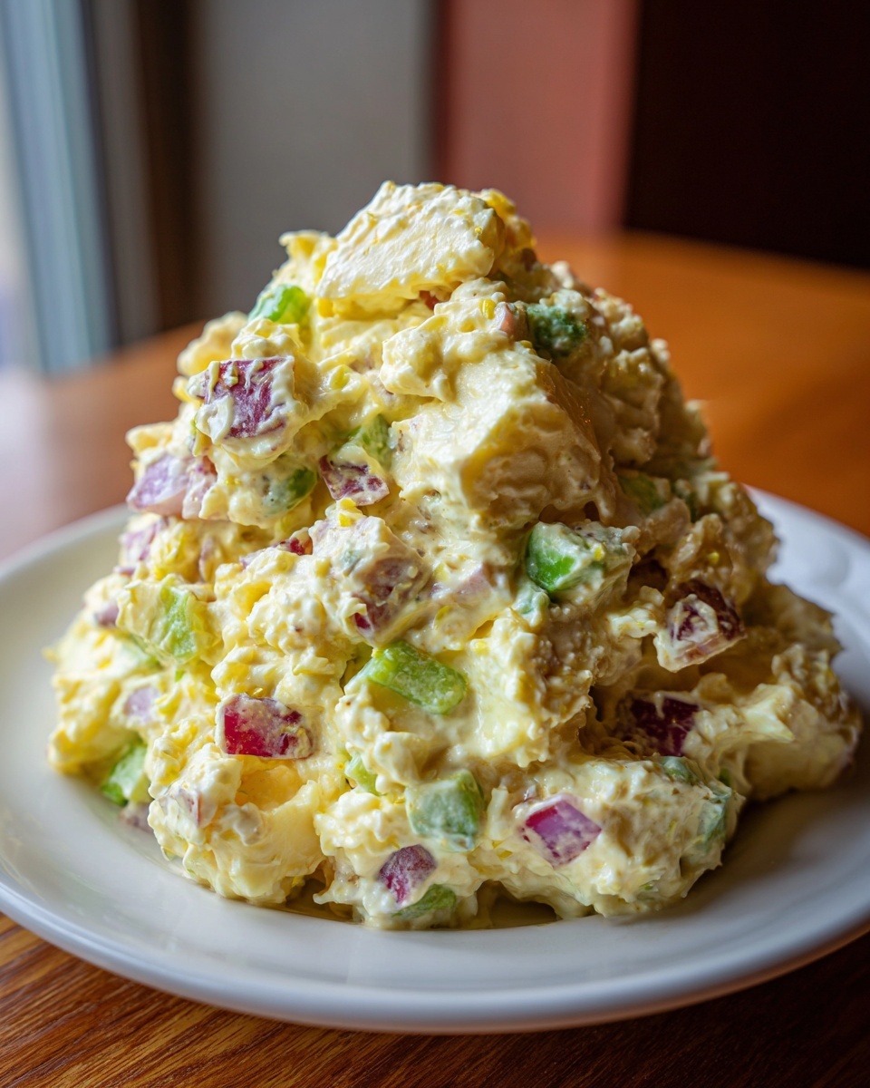 A generous mound of creamy potato salad mixed with chunks of red onion and green celery served on a white plate.