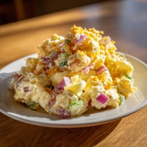 A generous serving of creamy potato salad mixed with chunks of red onion, celery, and topped with crumbled egg yolk.