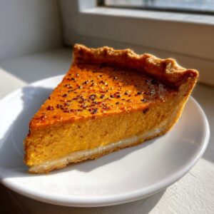 A close-up shot of a perfect slice of amazing pumpkin pie recipe on a white plate.