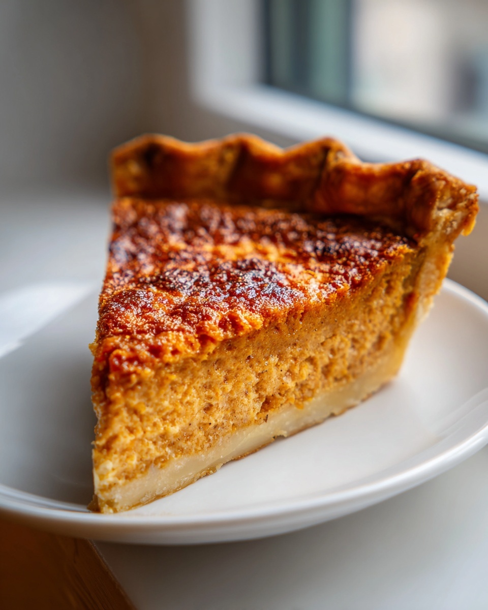 A close-up slice of amazing pumpkin pie recipe with a rich, caramelized top, served on a white plate.