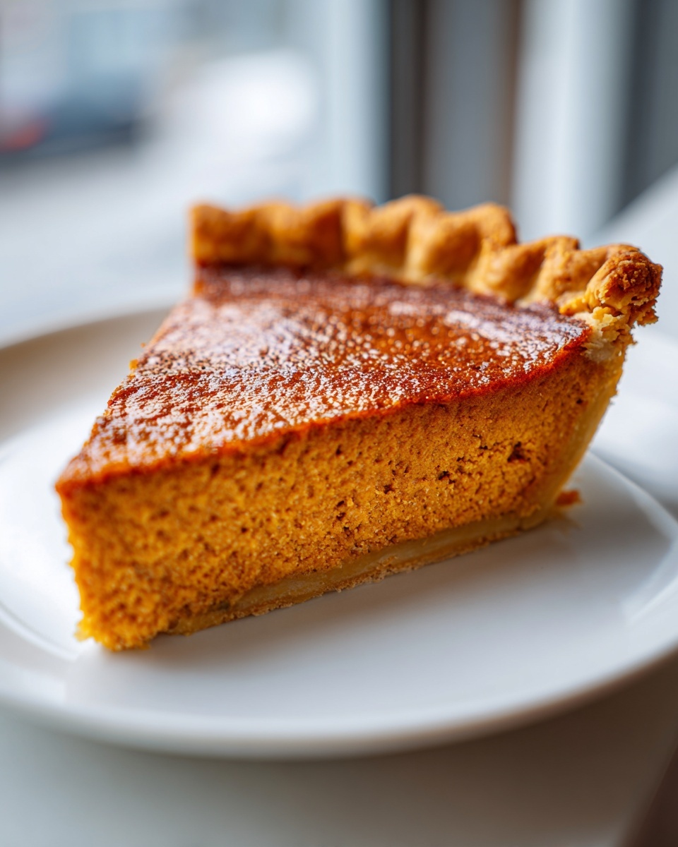 A perfect slice of rich orange pumpkin pie recipe on a white plate with a flaky crust.