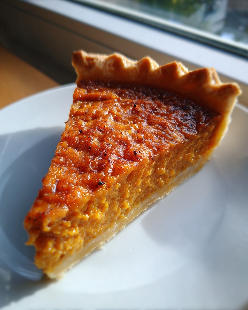 A close-up, sunlit slice of amazing pumpkin pie recipe on a white plate.