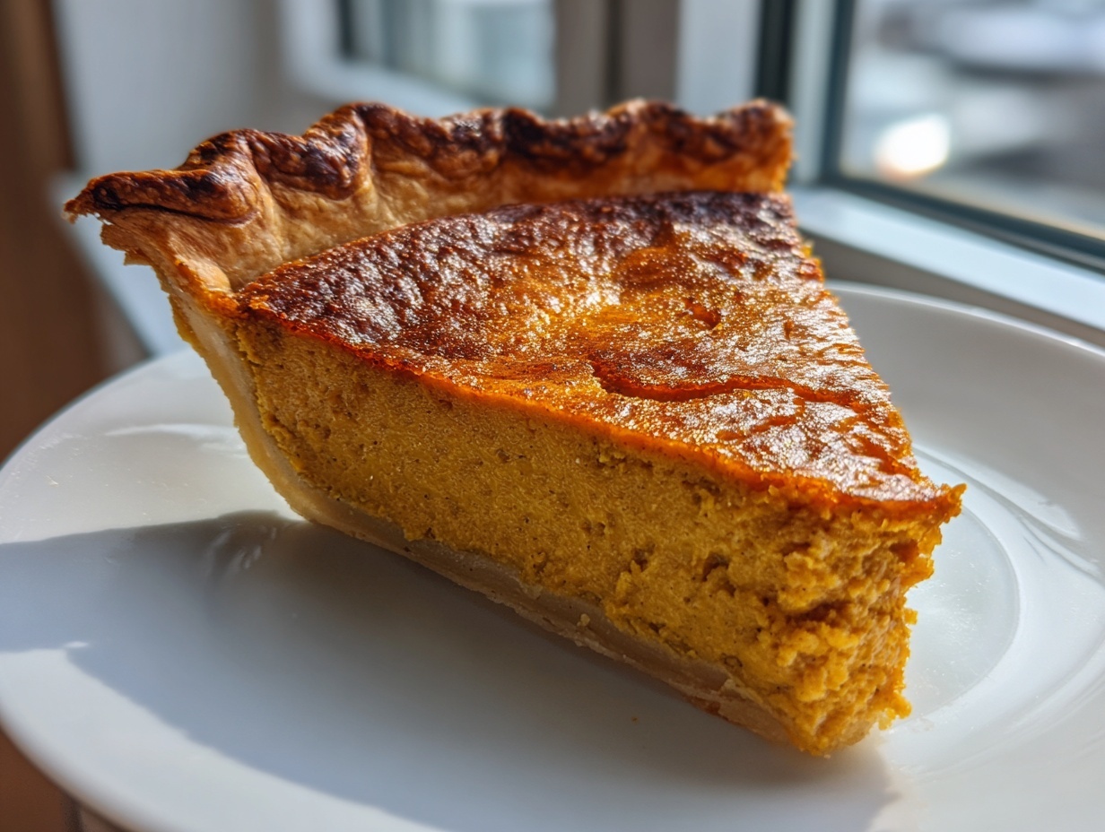 A close-up shot of a single slice of amazing pumpkin pie recipe on a white plate.