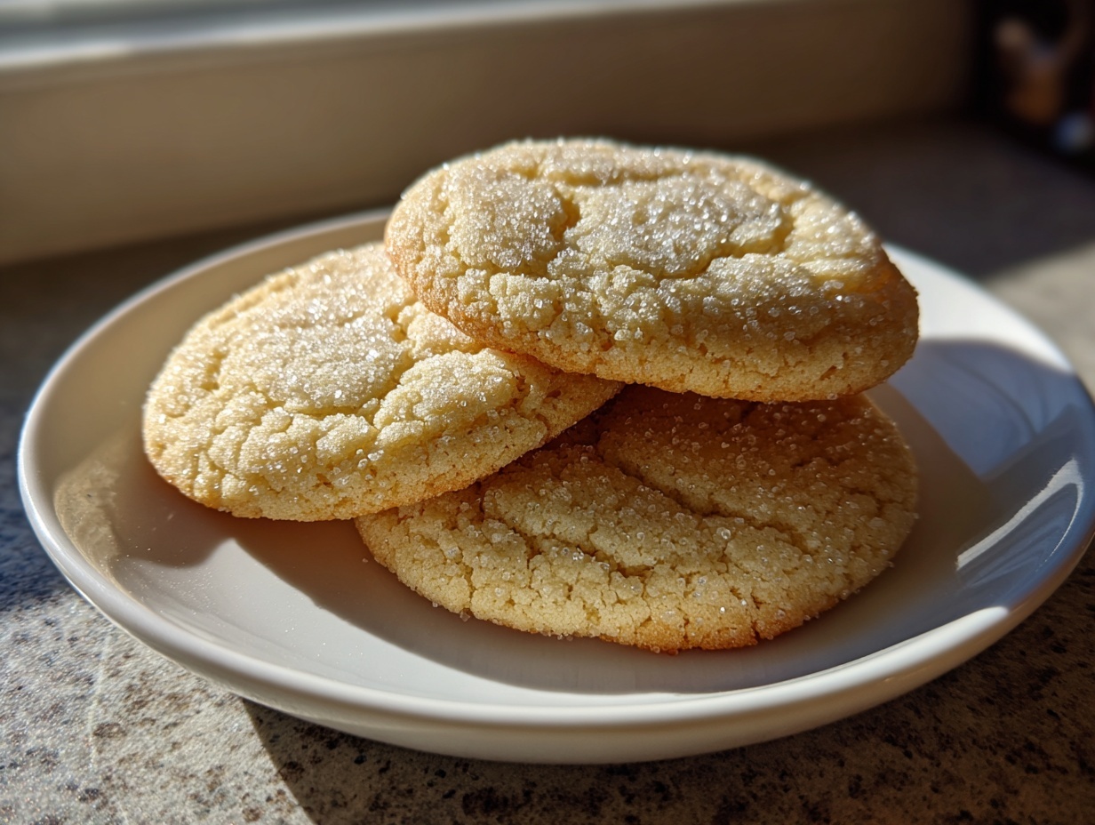 Three delicious soft sugar cookies, coated in sparkling sugar, stacked on a small white plate.