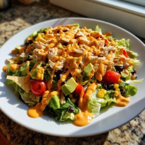 A vibrant southwest salad topped with shredded chicken, avocado, black beans, corn, and a creamy orange dressing.
