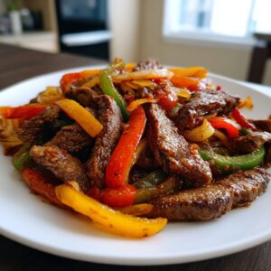 Close-up of perfectly cooked steak fajitas mixed with colorful bell peppers and onions on a white plate.