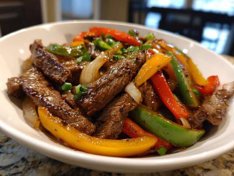 Close-up of perfectly cooked steak fajitas featuring strips of seasoned beef, red, green, and yellow bell peppers, and onions.