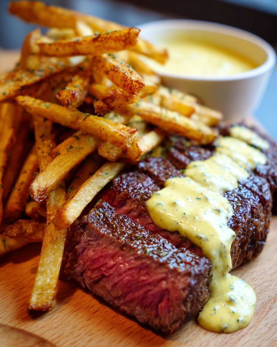 Close-up of medium-rare steak frites, sliced and topped with a yellow herb sauce, next to crispy fries.