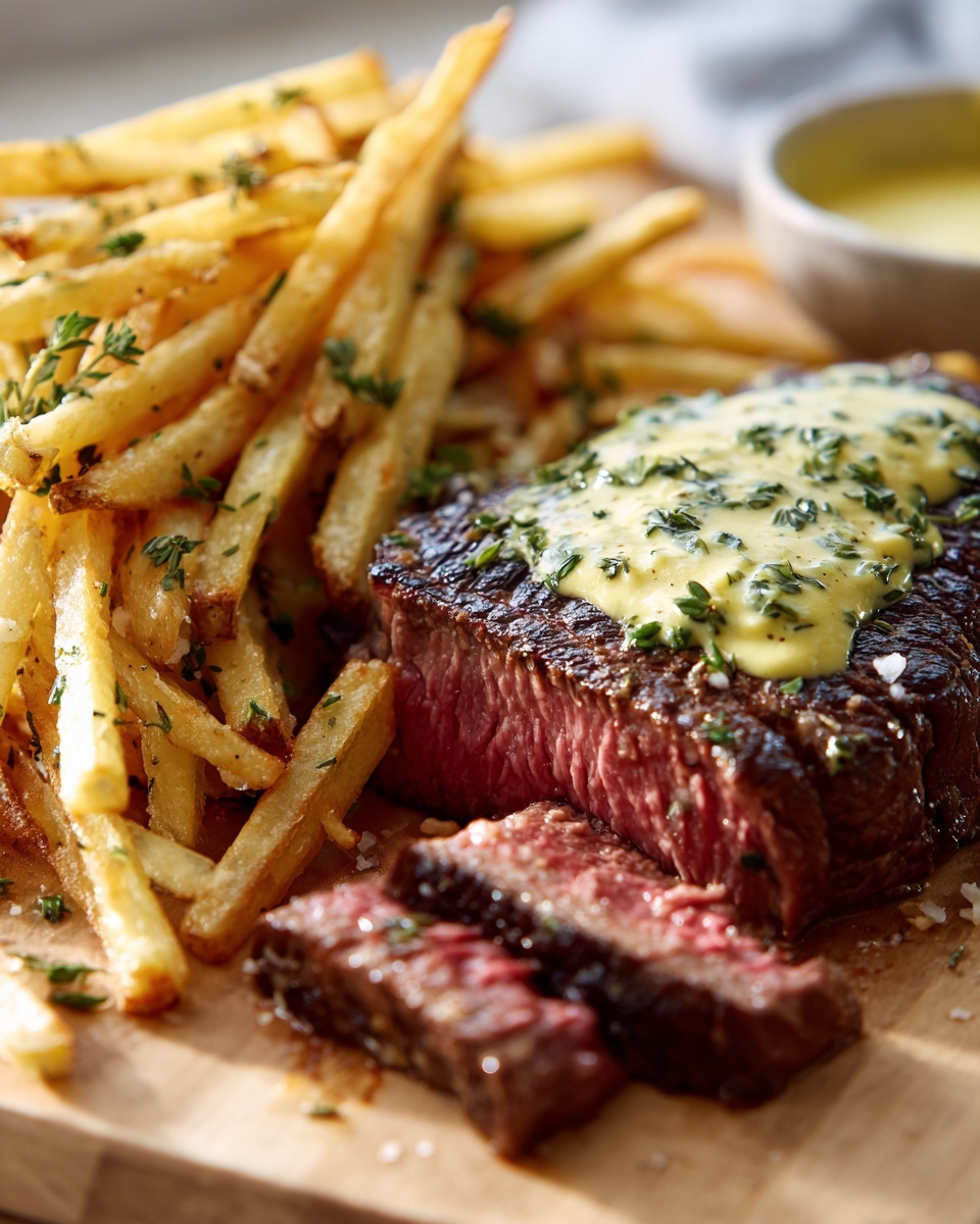 Close-up of medium-rare steak frites, sliced steak topped with herb butter, next to golden french fries.