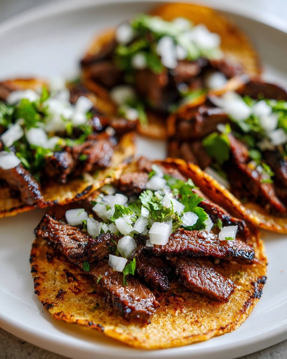 Four delicious steak tacos topped with diced white onion and cilantro on a white plate.