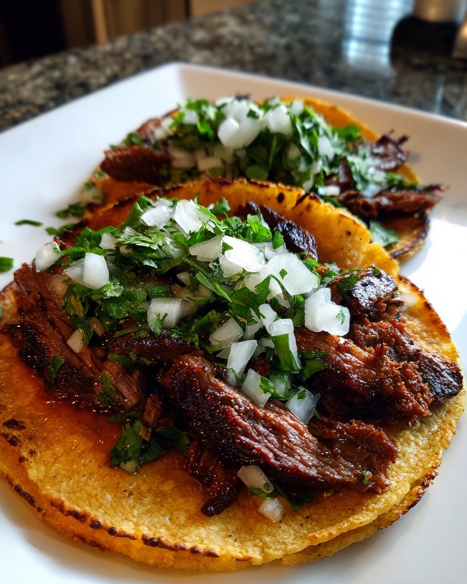 Close-up of two delicious steak tacos topped with diced white onion and fresh cilantro.