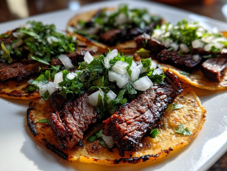 Close-up of three grilled steak tacos topped with fresh diced onion and cilantro on a white plate.