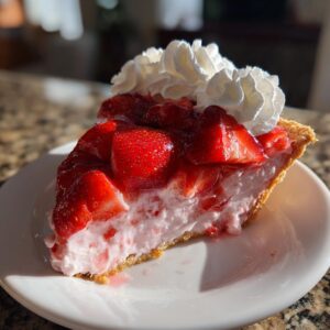 A close-up of a decadent slice of strawberry pie with a creamy pink filling, topped with fresh strawberries and whipped cream.