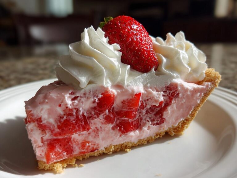 A close-up of a slice of creamy strawberry pie topped with whipped cream and a fresh strawberry.