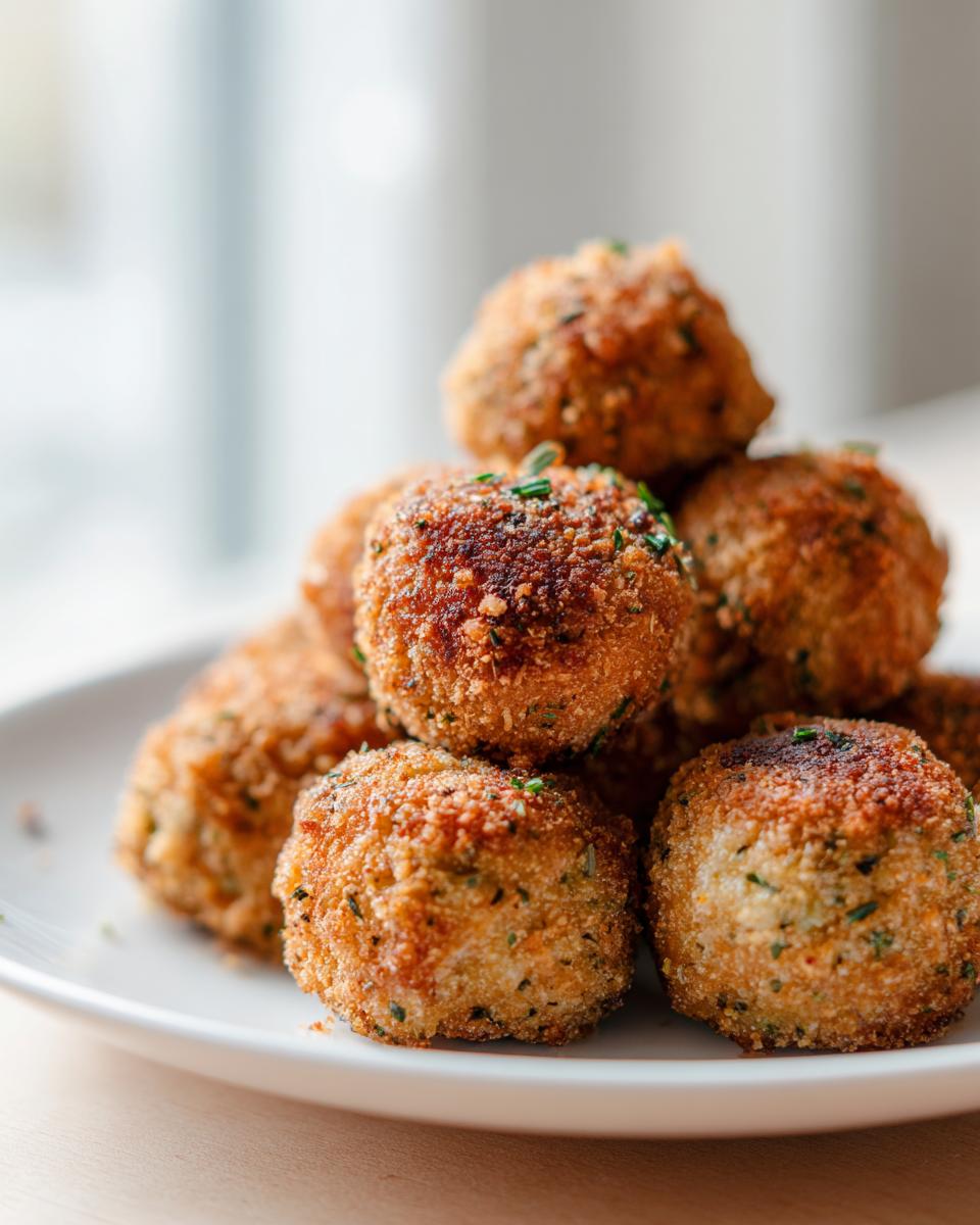 A close-up stack of perfectly golden brown, crispy stuffing balls recipe ready to serve.