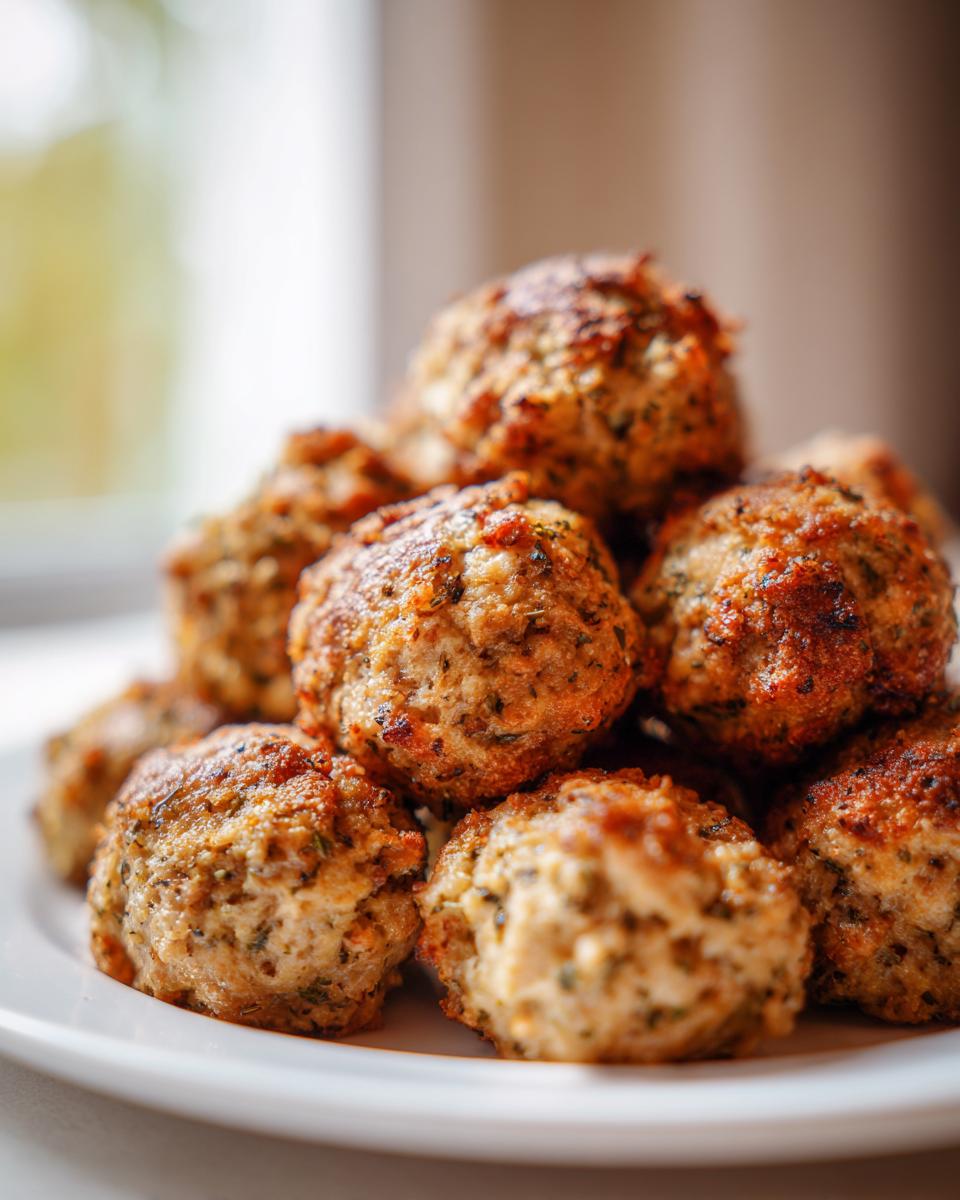 A close-up stack of perfectly golden brown stuffing balls recipe on a white plate.