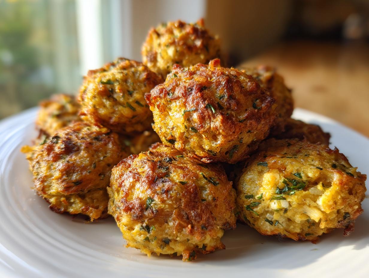 A close-up of several golden brown, herb-flecked stuffing balls piled high on a white plate.