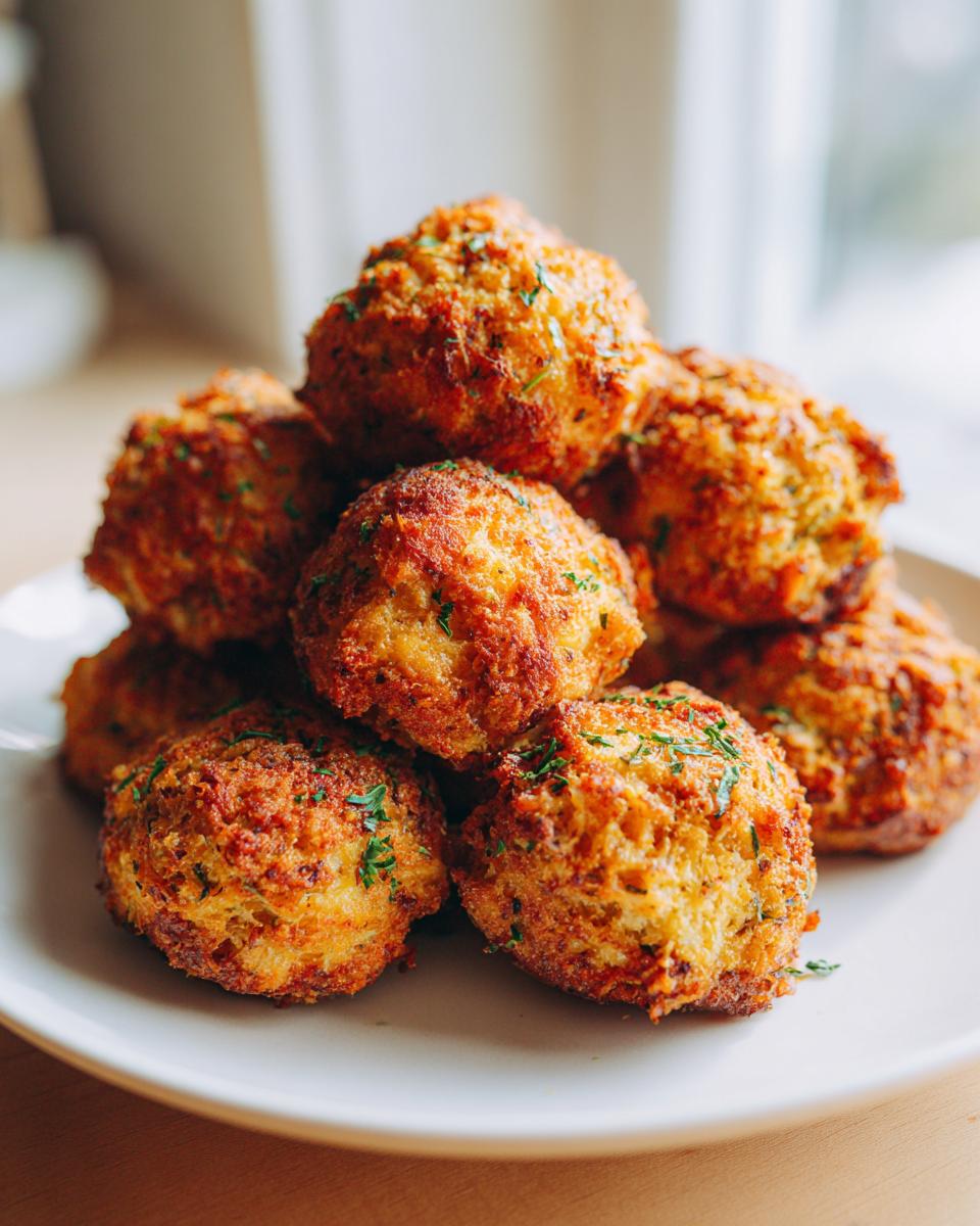 A stack of perfectly golden brown stuffing balls, garnished with fresh parsley, ready to serve.