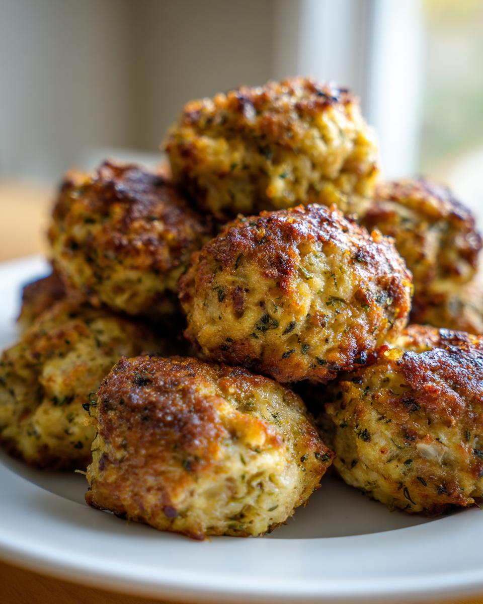 A close-up stack of golden brown, herbed stuffing balls resting on a white plate.
