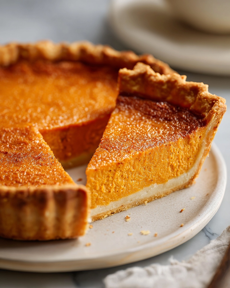 A close-up of a rich, orange sweet potato pie with one slice cut out, showing its clean structure.