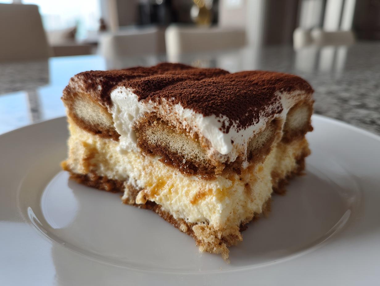 A close-up of a layered slice of tiramisu recipe, topped with cocoa powder, resting on a white plate.