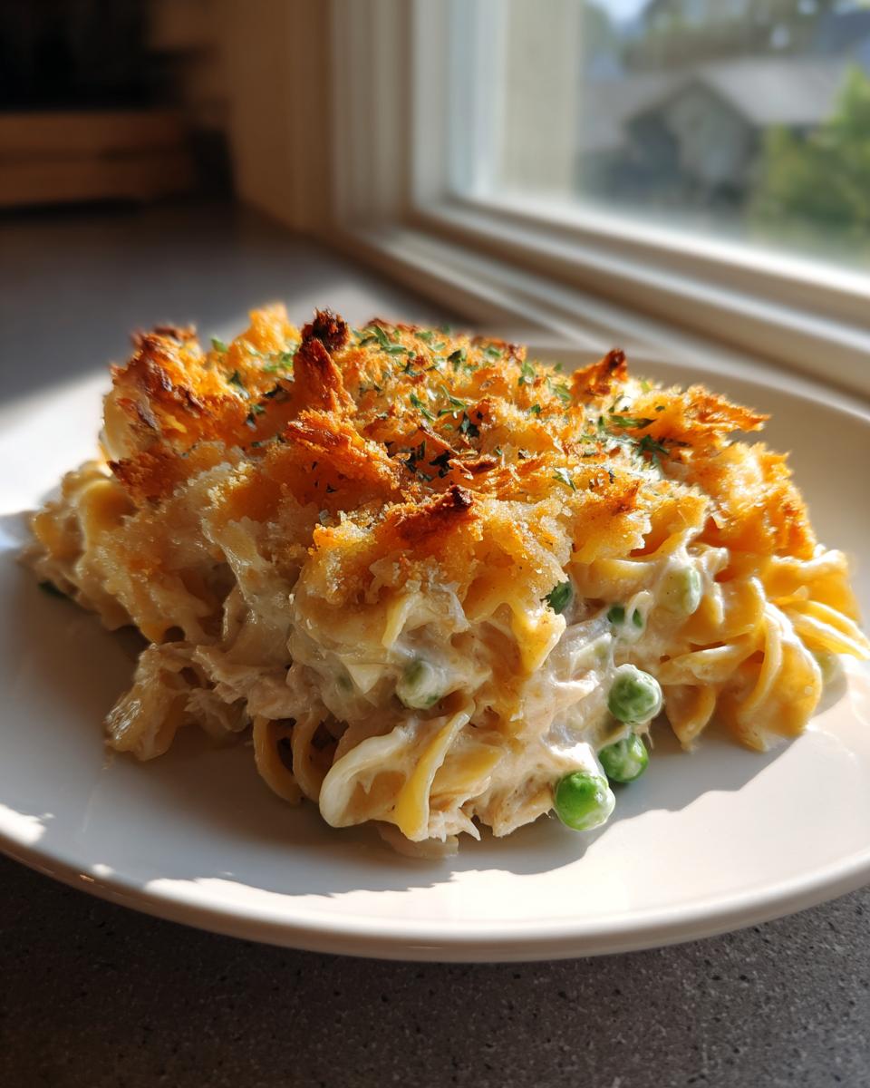 A serving of creamy tuna noodle casserole with a crispy, golden breadcrumb topping and green peas.