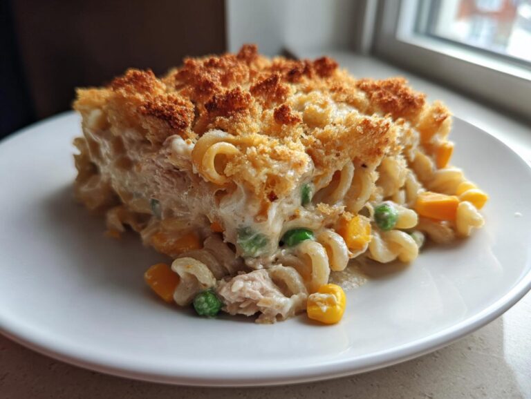 A square serving of creamy tuna pasta bake with fusilli pasta, peas, and corn, topped with golden brown breadcrumbs.