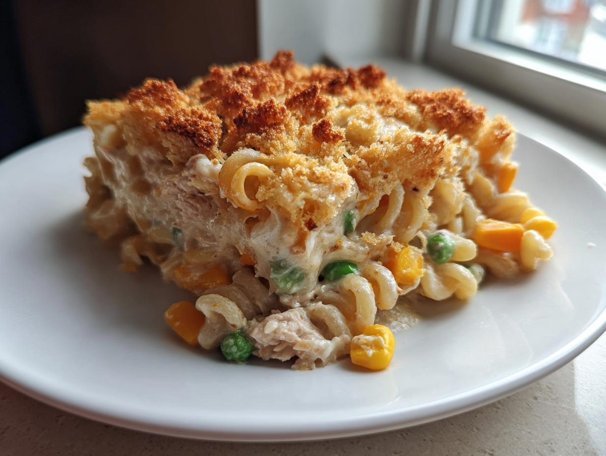 A square serving of creamy tuna pasta bake with fusilli pasta, peas, and corn, topped with golden brown breadcrumbs.