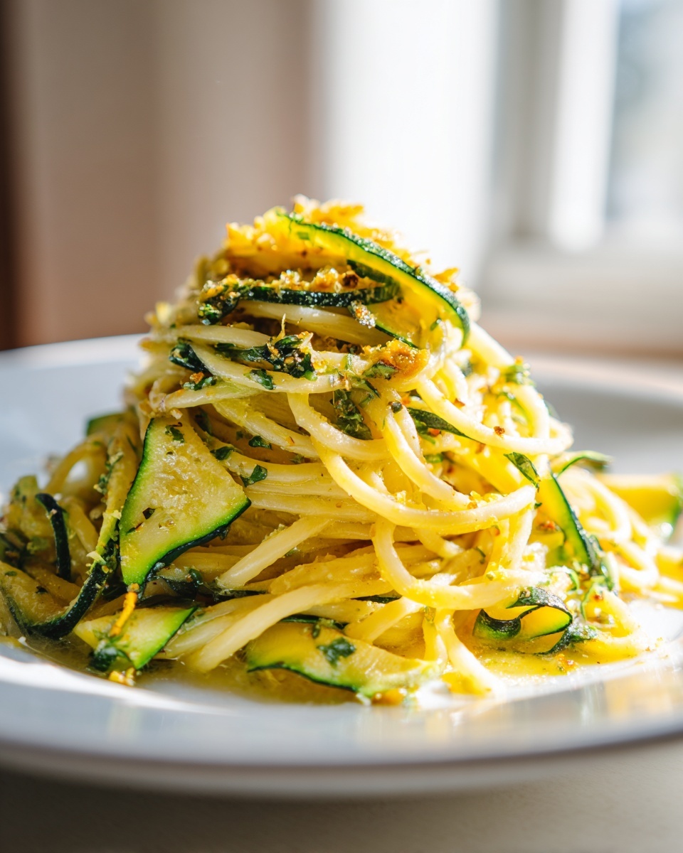 A tall serving of zucchini pasta tossed in a light sauce, topped with breadcrumbs.