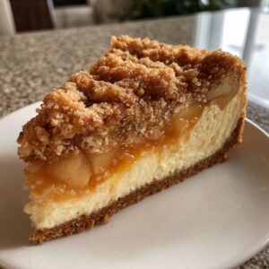 A perfect slice of apple crisp cheesecake showing a graham cracker crust, creamy filling, spiced apples, and a buttery crumble topping.