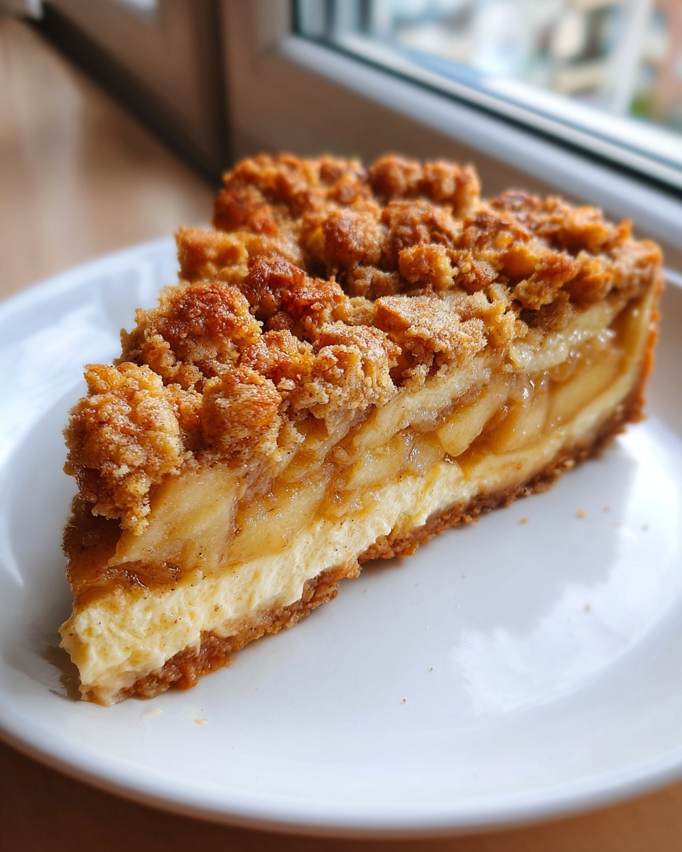 A close-up slice of apple crisp cheesecake showing layers of graham cracker crust, creamy filling, spiced apples, and a crunchy crumble topping.