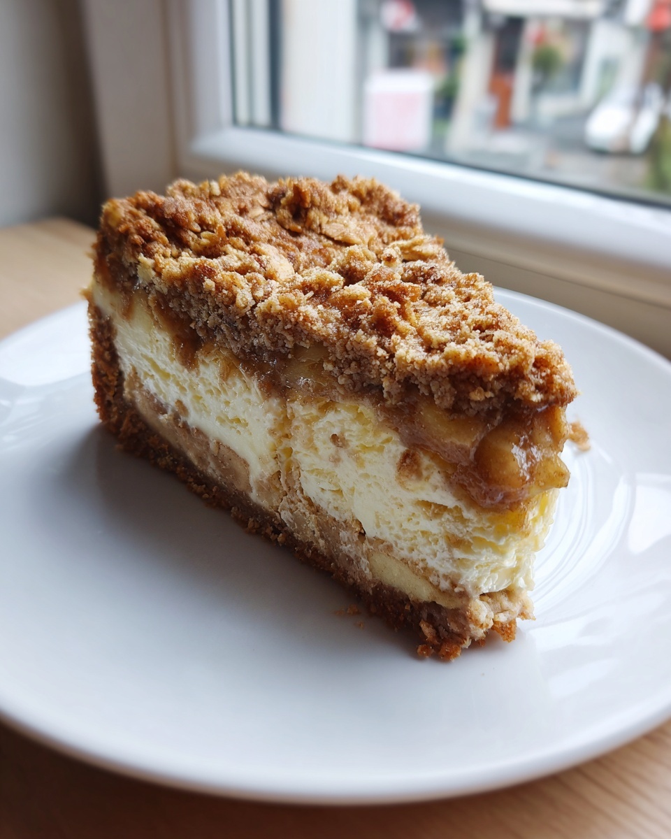 A perfect slice of apple crisp cheesecake featuring a creamy filling, apple layer, and thick crumb topping.