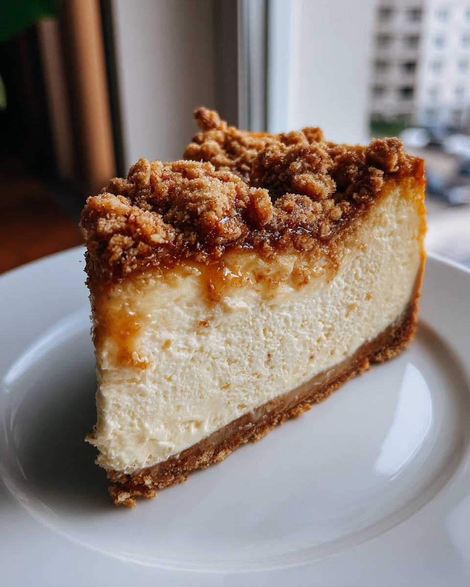 A perfect slice of apple crisp cheesecake featuring a creamy filling, graham cracker crust, and brown sugar crumble topping.