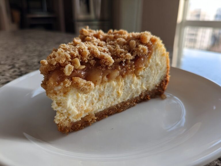 A close-up of a thick slice of apple crisp cheesecake with a graham cracker crust and crumb topping.