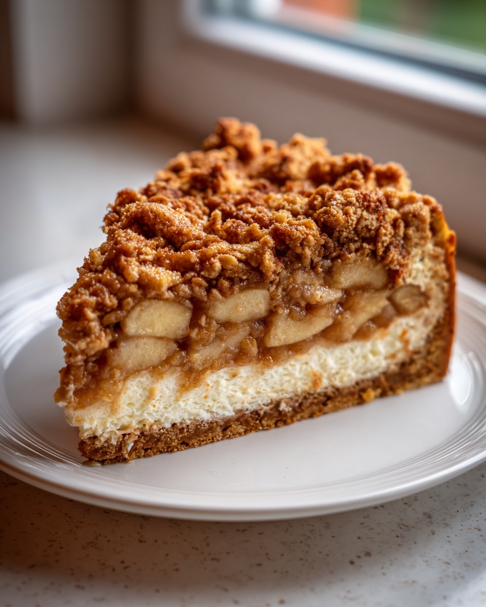 Close-up of a slice of apple crisp cheesecake showing layers of crust, cream cheese, spiced apples, and crumble topping.