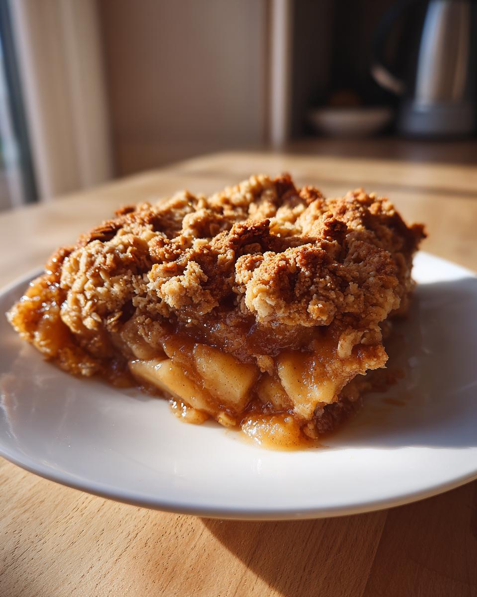 A close-up of a square slice of apple crisp recipe showing tender cinnamon apples and a thick, golden brown oat crumble topping.