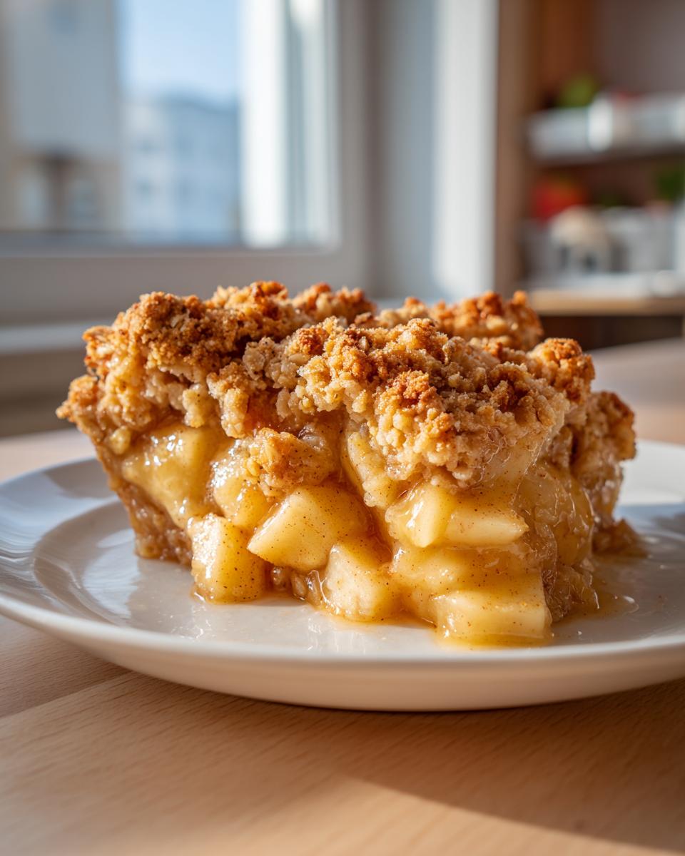 A close-up of a slice of apple crisp recipe showing chunky, spiced apples and a thick, crunchy oat topping.