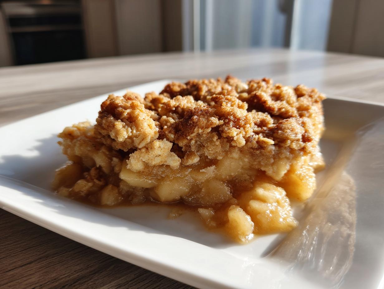 A close-up of a serving of apple crisp recipe on a white plate, showing soft baked apples and crunchy oat topping.