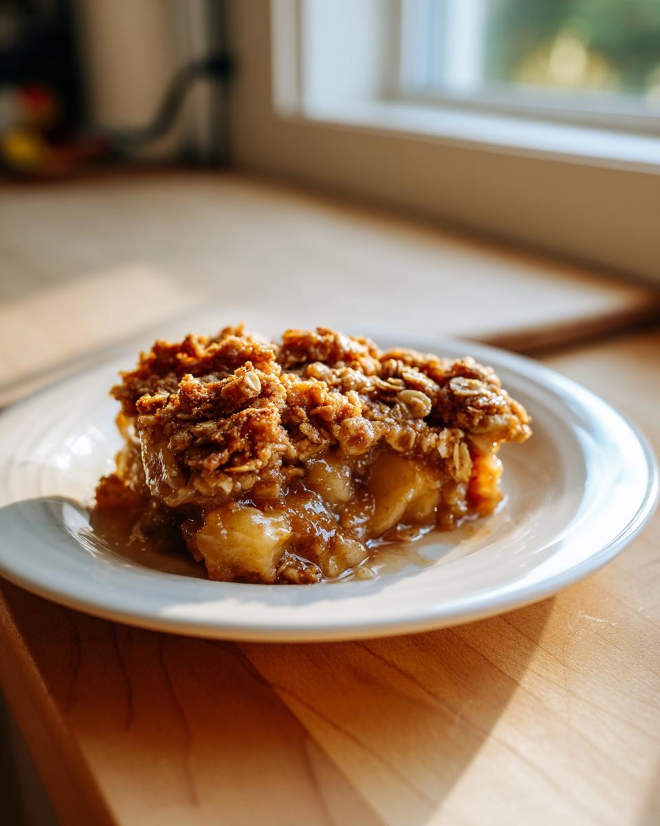 A close-up of a warm slice of apple crisp recipe with a thick, crunchy oat topping and gooey filling.