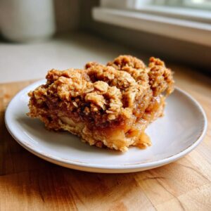 A close-up of a square serving of apple crisp recipe showing gooey filling and thick oat topping.