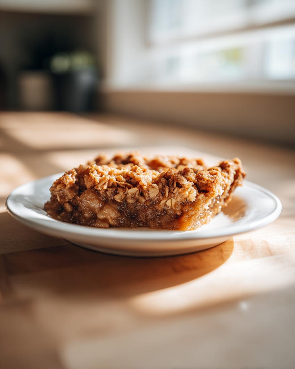 A close-up of a slice of apple crisp recipe showing the thick, crunchy oat topping and gooey apple filling.