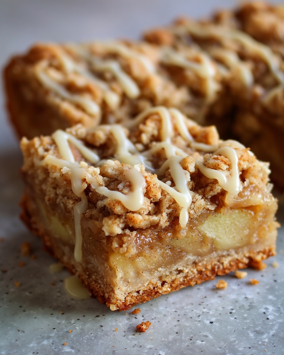 A close-up shot of a single serving of apple pie bars with a thick apple filling, crumble topping, and white icing drizzle.